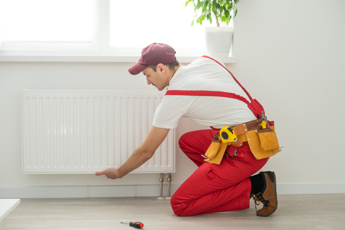 Man in work overalls using wrench while installing heating radiator in room. Young plumber installing heating system in apartment. Concept of radiator installation, plumbing works and home renovation