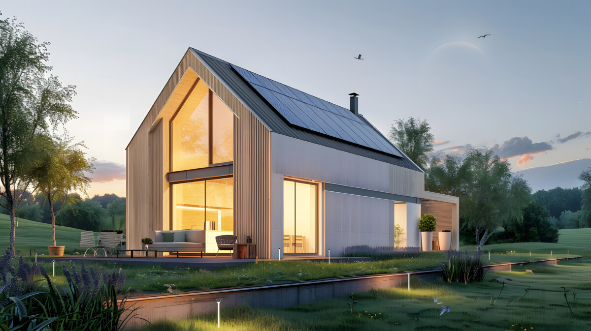 3d rendering of modern cozy house with pool and parking for sale or rent with wood plank facade.Eco friendly passive house with a photovoltaic system on the roof.